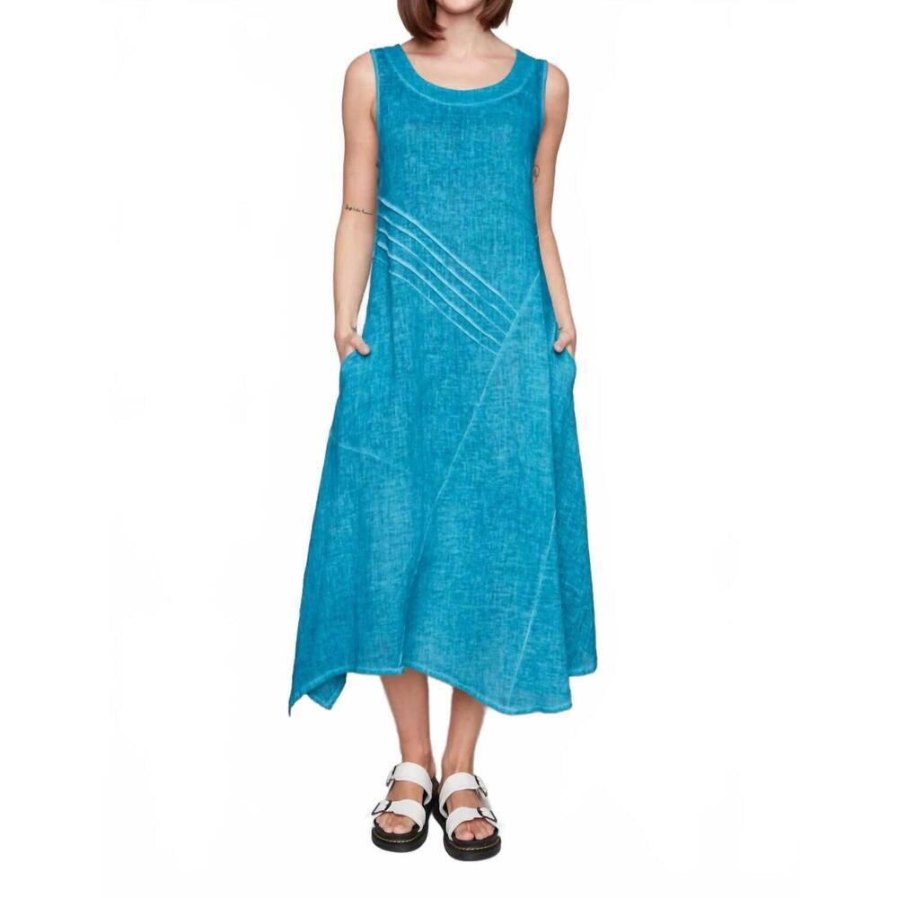 NEW CARRE NOIR sleeveless midi linen dress in teal